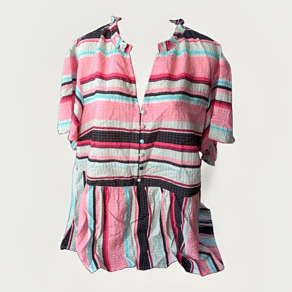 Lane Bryant NWT Size 24 Striped Peplum Blouse Pink Teal Black Flutter Sleeve New